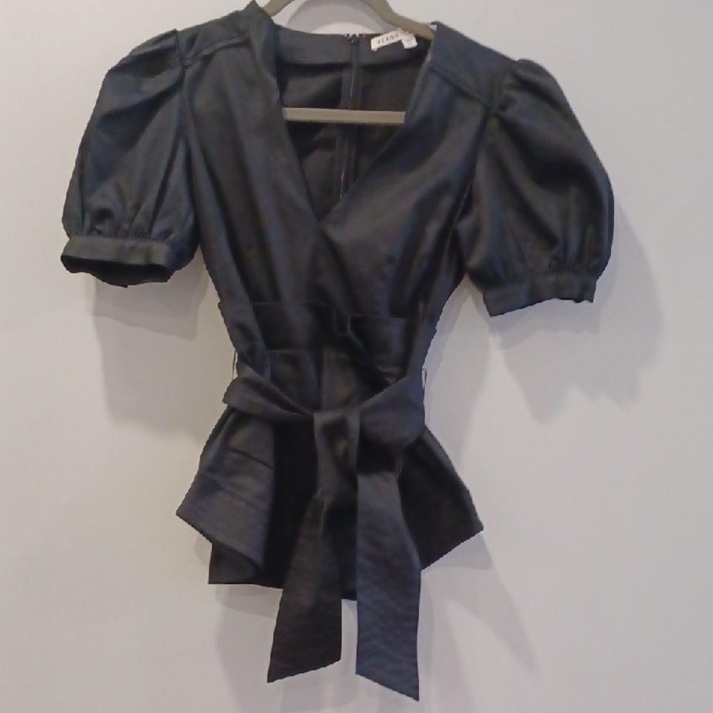 Veronica Beard Black Faux Leather Puff Sleeve Wrap Top